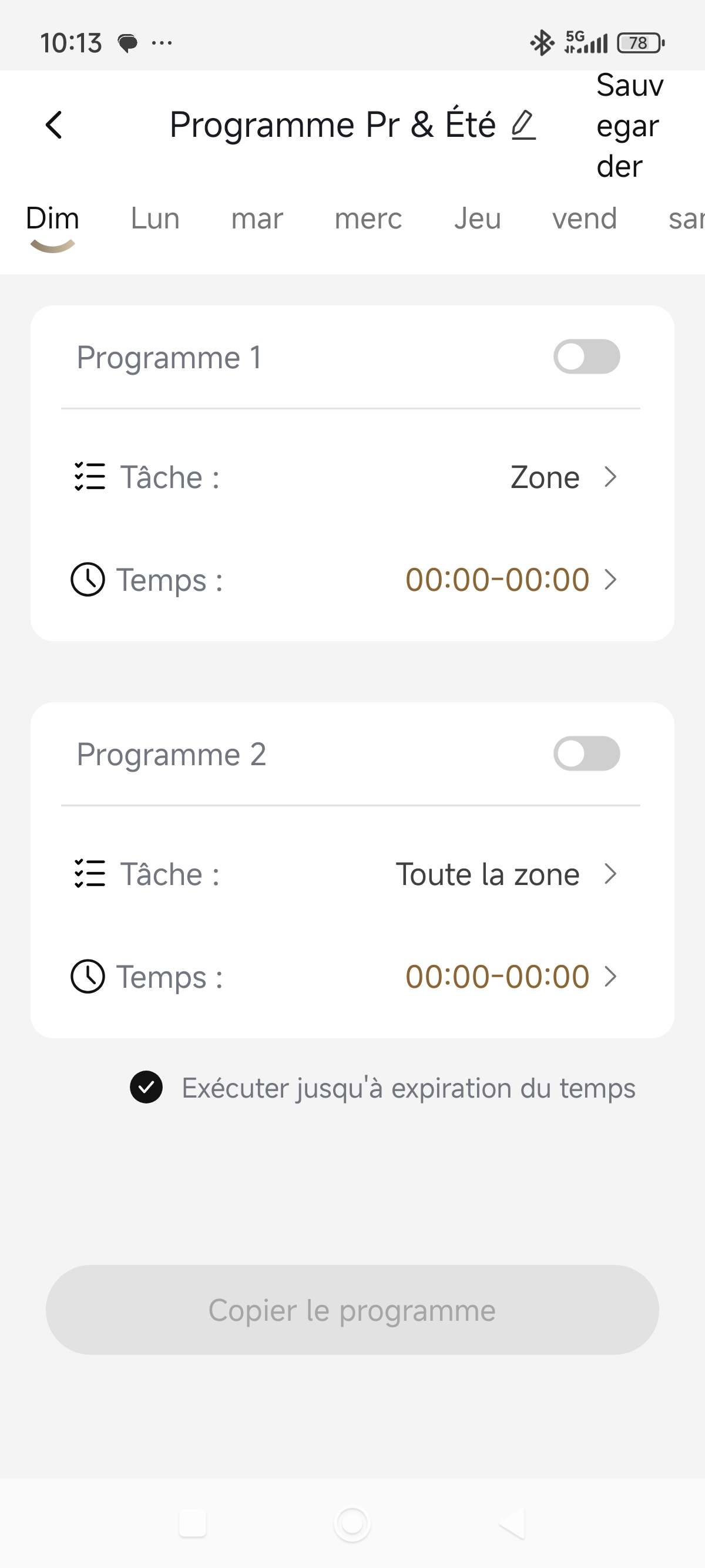 programmation zone selectionnee